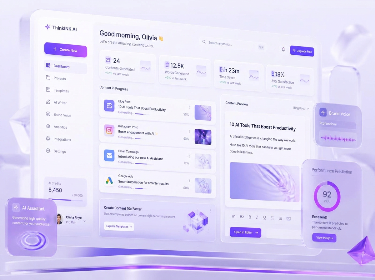ThinkINK AI dashboard generating content for blog, Instagram, email and ads platforms